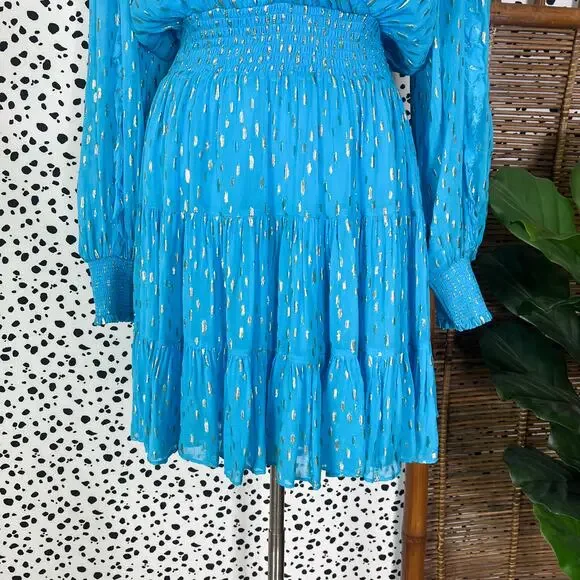 Lilly Pulitzer | Heline Turquoise Blue Gold Polka Dot Ruffle Plus Size Dress 16 - Picture 5 of 13